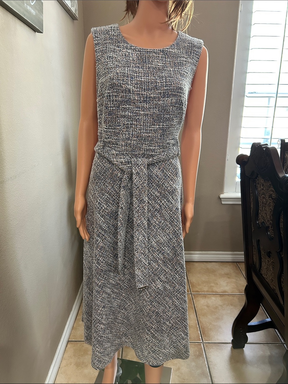 Calvin Klein Sleeveless Tweed-Style Gray Midi Dress with Belt